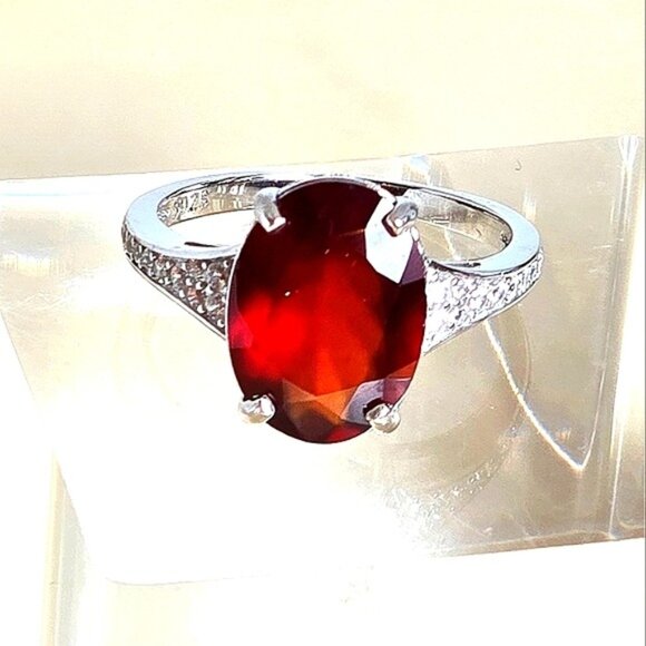 925 Sterling Silver Ring with Natural  Hessonite Garnet Gem & CZ - Picture 8 of 16
